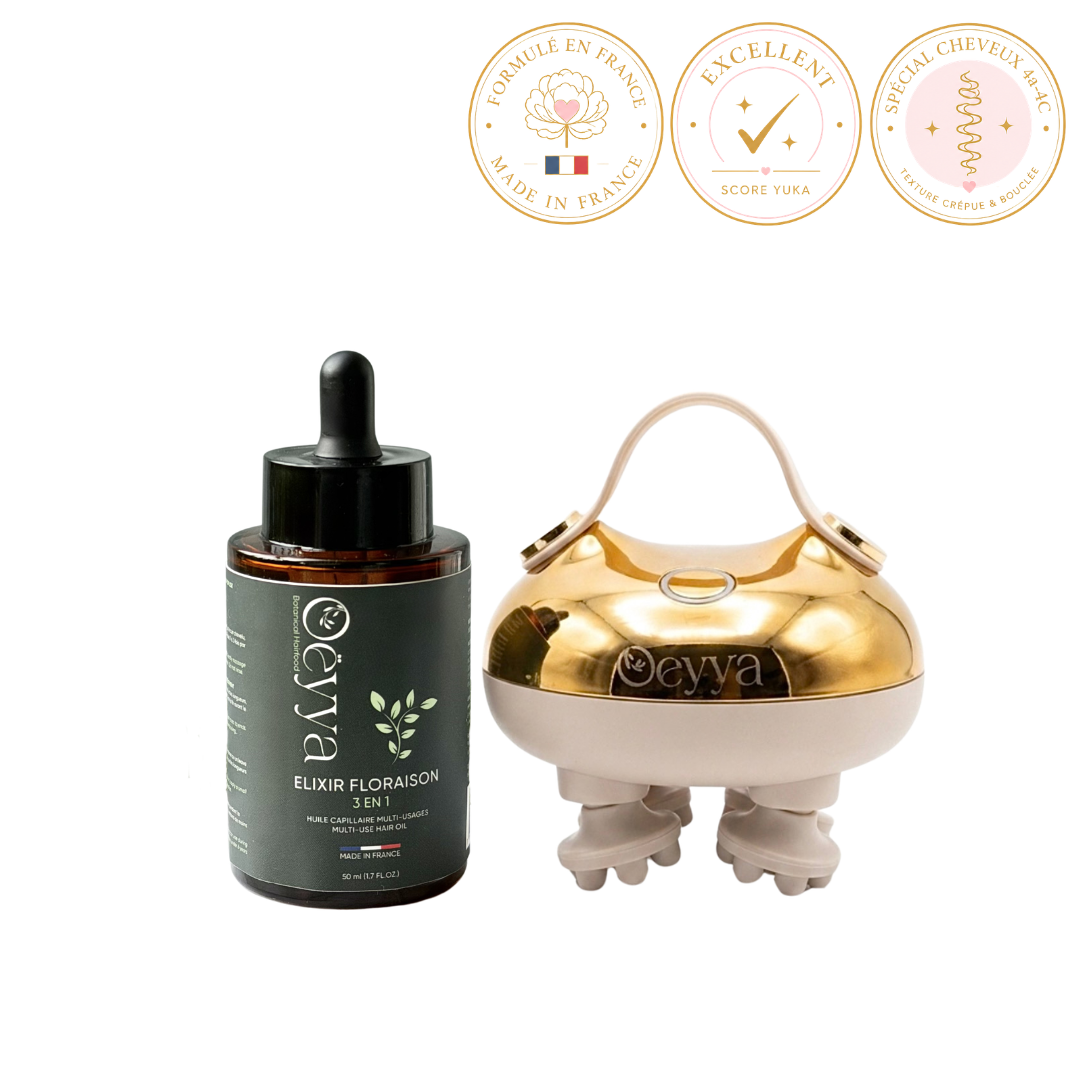 Pack Rituel Floraison - Huile Stimulante & Anti-casse + Masseur Lumière Rouge Cheveux Crépus - Oëyya